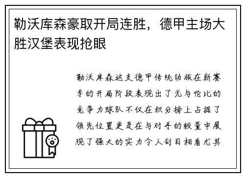 勒沃库森豪取开局连胜，德甲主场大胜汉堡表现抢眼